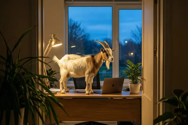Een geit staat op een houten bureau naast een open laptop en een potplant onder het licht van een bureaulamp, met een blauwe avondlucht achter het raam.