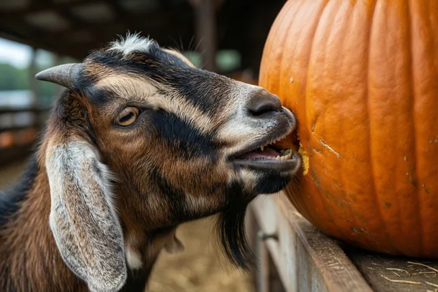 Een geit met bruine en zwarte vacht en kleine horens probeert in een grote oranje pompoen te bijten bij een boerderijkraam met houten elementen.