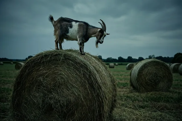 Een geit met gebogen horens staat op een grote ronde hooibaal in een veld met andere hooibalen onder een bewolkte lucht.