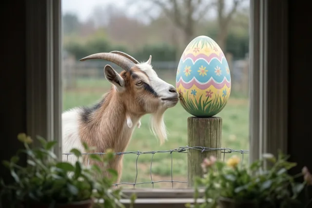 Door een raam met groen op de voorgrond is een geit met gebogen horens te zien die snuffelt aan een groot, rijkbeschilderd paasei op een houten weidepaal, met een wazig boerenerf erachter.
