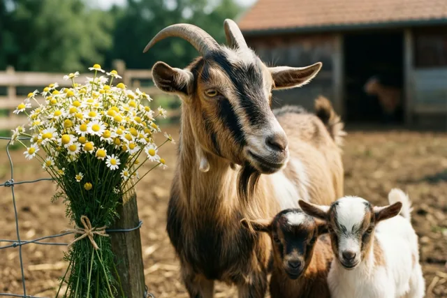 Een geit staat met twee jongen op een zonnig boerenerf naast een paal waaraan een boeket margrieten vastgebonden is.