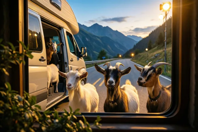 Geiten kijken naar een camper met een open zijdeur op een bergweg bij zonsondergang, gezien als door een raam, met goudkleurig licht en blauwe bergen op de achtergrond.
