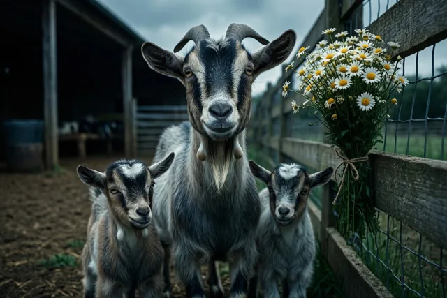 Een geit staat met twee jongen op een boerenerf naast een houten omheining met een vastgebonden boeket margrieten, onder een bewolkte hemel.