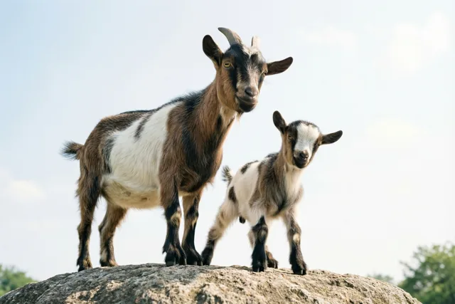 Een bok en een klein geitje staan samen op een grote rots onder een heldere hemel, in aardebruine, witte en lichtblauwe tinten.