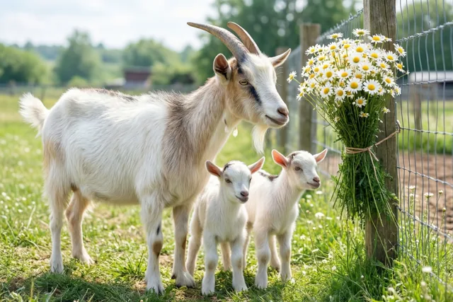 Een geit staat met twee jongen op een zonnig boerenerf met gras naast een paal met een grote bos margrieten, met bomen op de achtergrond.