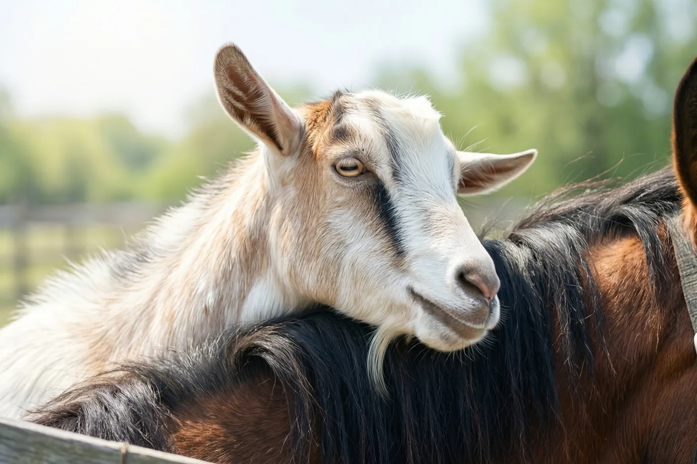 Een wit-lichtbruine geit legt haar kop op de hals van een bruin paard met zwarte manen boven een houten hek, tegen een onscherpe groene achtergrond.