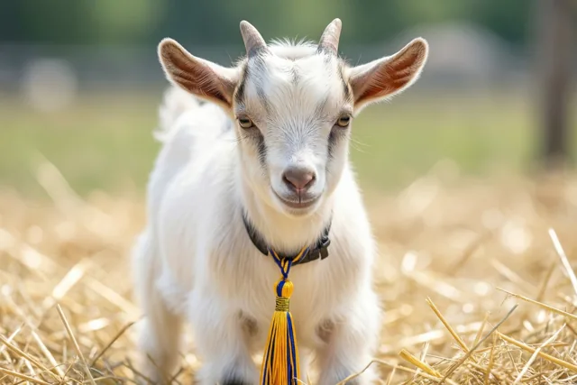 Een jong geitje met kleine hoorns en grote oren staat in het stro met een afstudeerkwastje om de hals, in helder zonlicht.