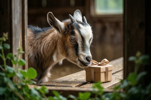 Een bruin-wit geitje snuffelt aan een klein bruin cadeaudoosje met lint op een houten bank in een houten deuropening, met groene bladeren op de voorgrond.