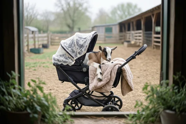 Een wit-bruin geitje rust onder een beige dekentje in een zwarte kinderwagen met kanten kap op een boerenerf, gezien door een raam met potplanten op de voorgrond.