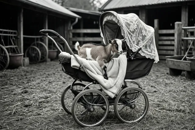 Een jong geitje zit in een kinderwagen met kanten kap en een half uitgetrokken deken op een boerenerf, op een zwart-witfoto.