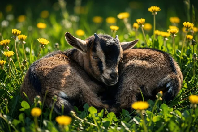 Een jong geitje ligt opgerold tegen zijn moeder te slapen in een zonnige weide met felgroen gras en gele boterbloemen.