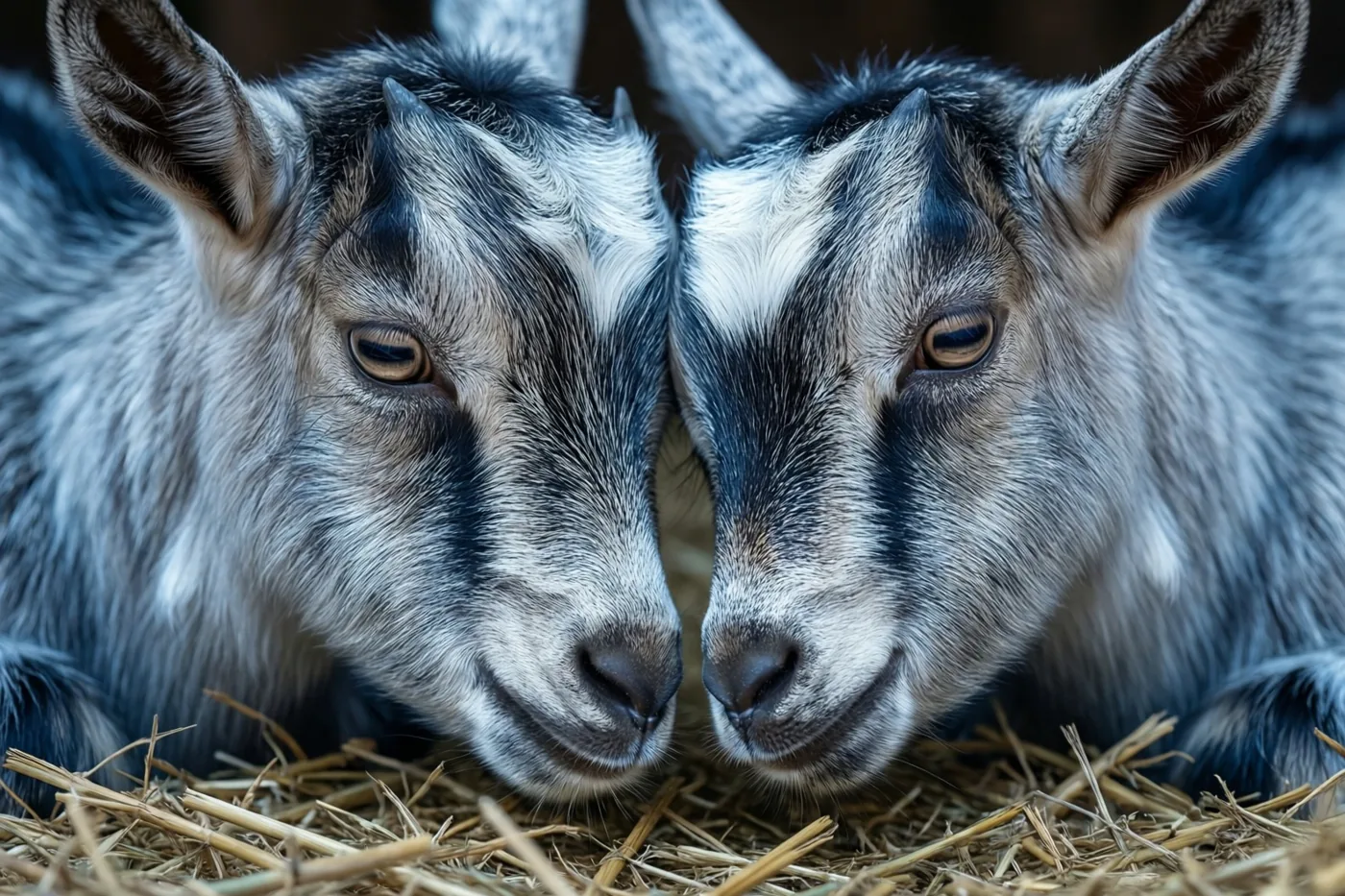 Twee jonge geitjes met grijze en witte vacht rusten met hun kopjes tegen elkaar op stro.