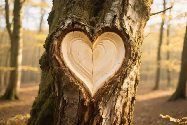 Een hart is gekerfd in de schors van een oude boom in een bos, met goudkleurig zonlicht, herfsttinten en een onscherpe achtergrond.