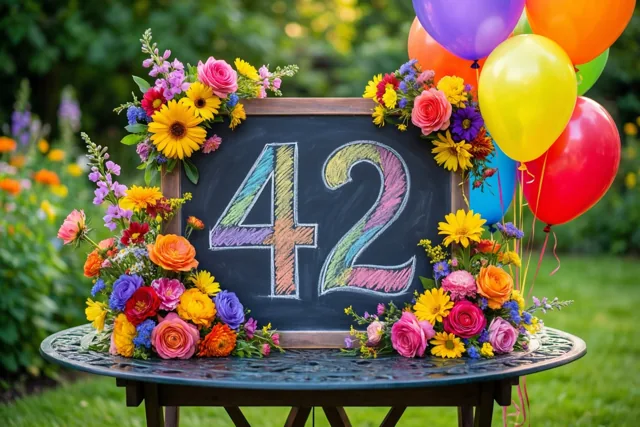 Een krijtbord met 42 in gekleurd krijt staat tussen fleurige bloemen op een tuintafel met ballonnen, met zonnig gras en onscherp groen erachter.
