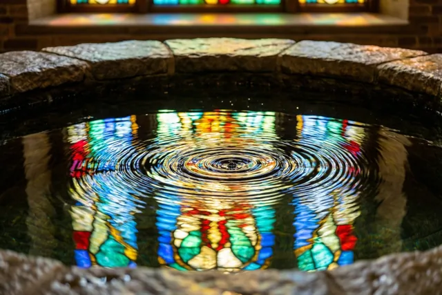 Rimpelend water in een stenen doopvont weerspiegelt een kleurrijk glas-in-loodraam met vooral blauwe, groene en rode tinten in warm binnenlicht.