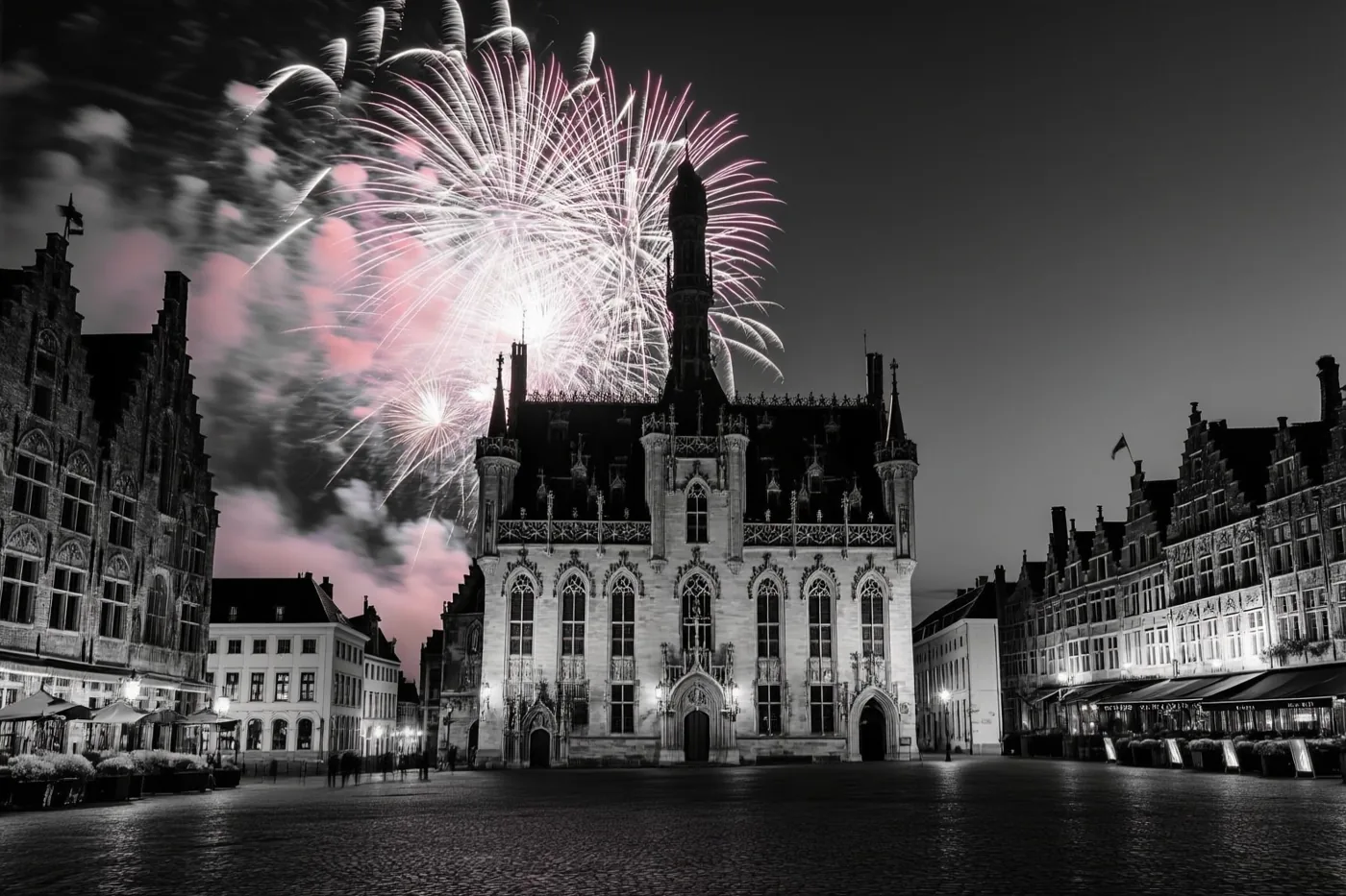 Roze en wit vuurwerk kleurt de nacht boven een historisch Vlaams marktplein met een groot gotisch stadhuis in zwart-wit.