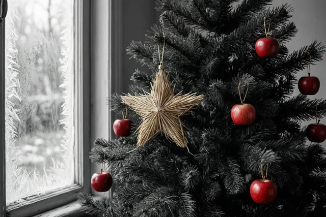 Een kerstboom met een stroster en rode appels staat naast een berijpt raam in een beeld waarin alleen de appels en de stroster kleur hebben.