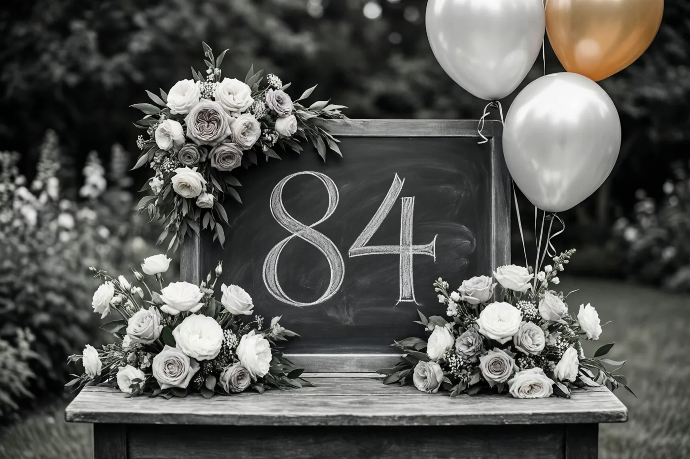 Een krijtbord met 84 in wit krijt staat met bloemstukken en ballonnen op een houten tuintafel, waarbij alleen de ballonnen kleur hebben in het zwart-witte beeld.