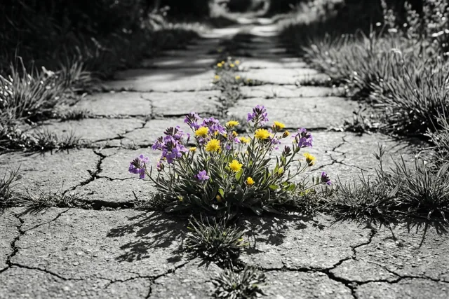 Paarse en gele wilde bloemen groeien in fel zonlicht door de barsten van een verweerd stenen pad dat verder in zwart-wit is weergegeven.