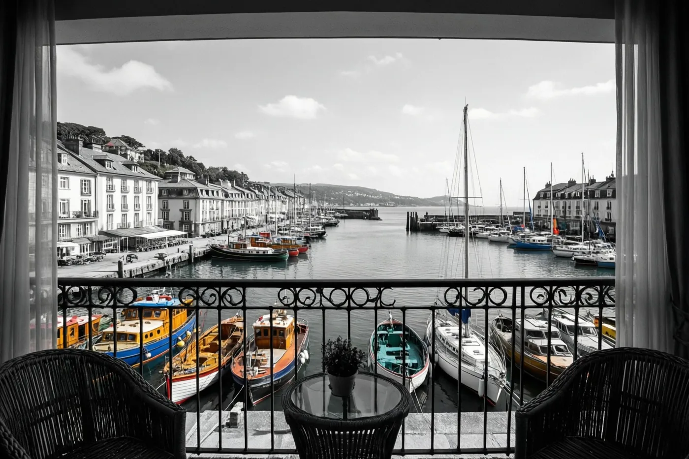 Vanaf een hotelbalkon zijn felgekleurde boten te zien in een haven met gebouwen langs het water en een bewolkte hemel, tegen een verder zwart-witte achtergrond.