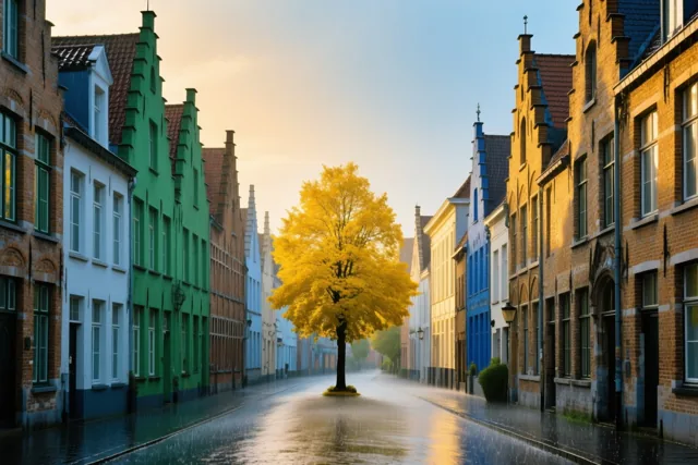 Een natte Brugse kasseistraat wordt omzoomd door kleurrijke gebouwen met trapgevels en een felgele boom in de regen.