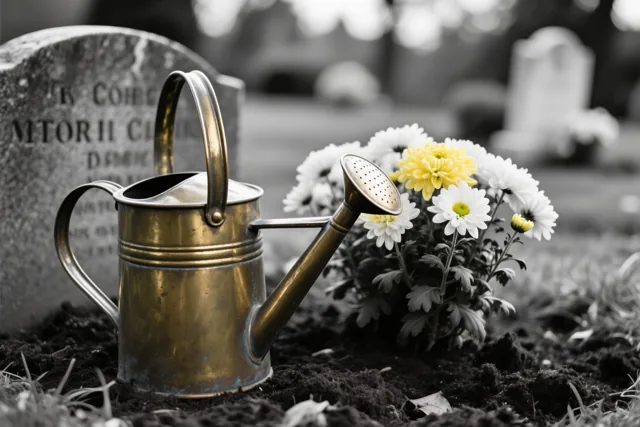 Een oude messing gieter staat naast een pas gedolven graf met chrysanten die in kleur afsteken tegen de zwart-witte achtergrond van de begraafplaats.