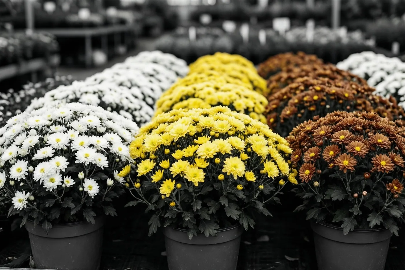 Witte, gele en bronskleurige potchrysanten staan in rijen in een kwekerij, waarbij de bloemen in kleur afsteken tegen een zwart-witte achtergrond.