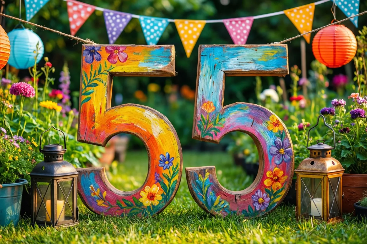 Twee kleurrijk beschilderde houten cijfers vormen 55 op het groene gras, omringd door bloemen, vlaggetjes en lantaarns.