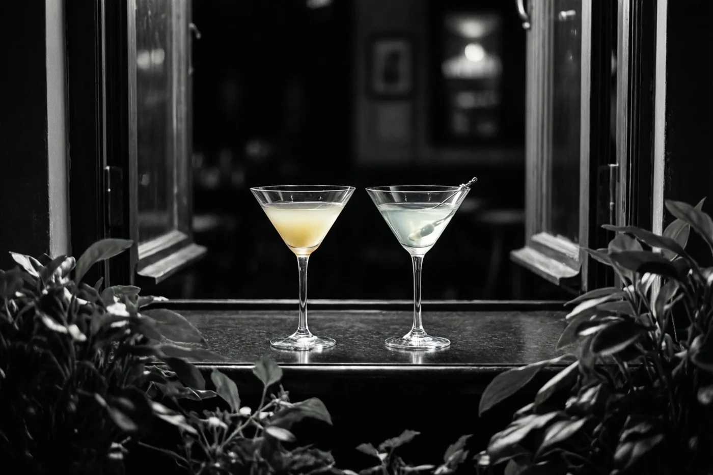Twee martiniglazen staan naast elkaar op een donkere bar met bladeren op de voorgrond, in een nachtelijk zwart-witbeeld waarin alleen de dranken kleur hebben.