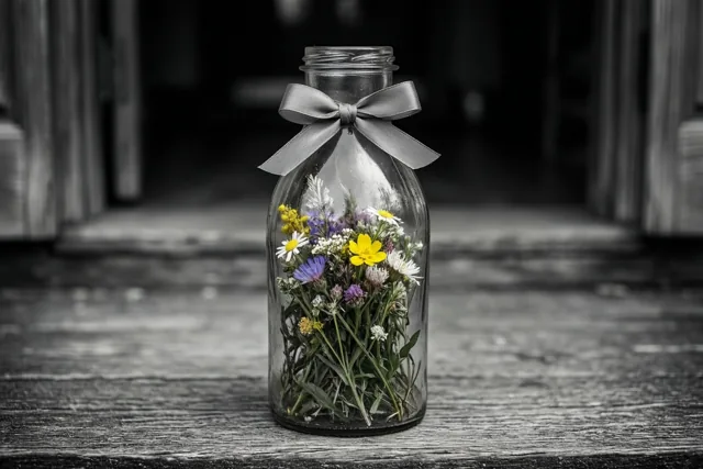 Een glazen melkfles met gedroogde veldbloemen en een grijze strik staat op een verweerde houten drempel, met gele, paarse en witte bloemen tegen een zwart-witachtergrond.