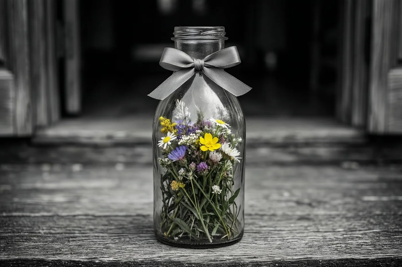 Een glazen melkfles met gedroogde veldbloemen en een grijze strik staat op een verweerde houten drempel, met gele, paarse en witte bloemen tegen een zwart-witachtergrond.