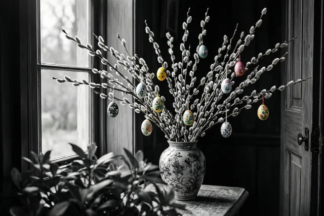 Een vaas met wilgentakken en felgekleurde paaseieren staat op een houten ondergrond bij een raam tegen een grotendeels zwart-witte achtergrond.
