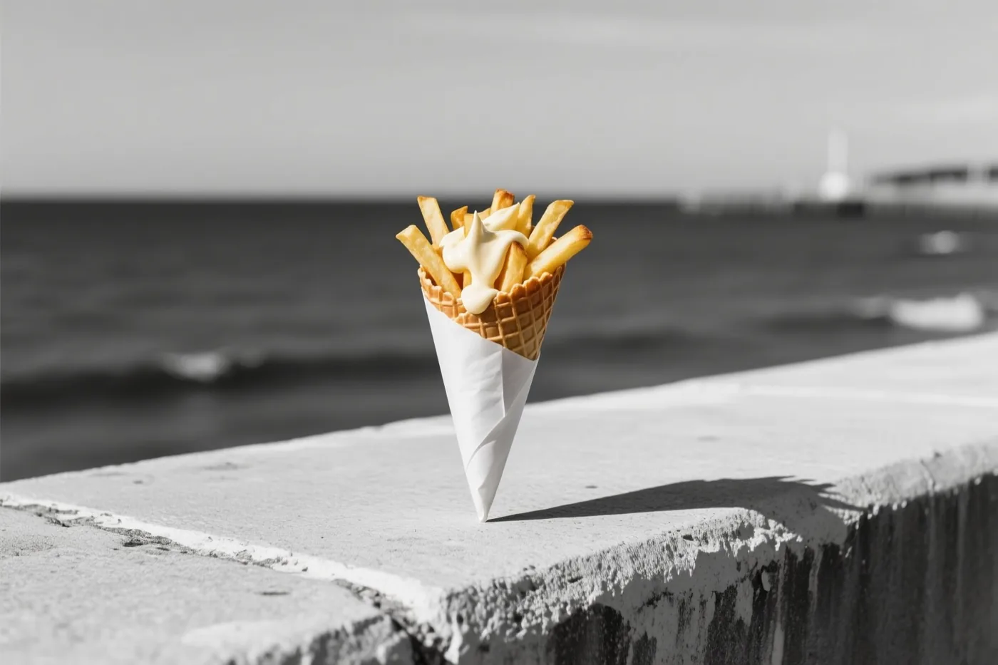 Een papieren puntzak met goudgele frieten en mayonaise staat in kleur op een betonnen muurtje aan zee, tegen een zwart-witte achtergrond van zee en lucht.