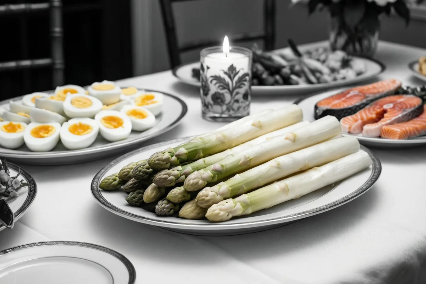Borden met witte asperges, gehalveerde hardgekookte eieren en zalmfilets staan bij een brandende kaars in een sierlijke glazen houder, waarbij het eten in kleur is en de rest van het beeld monochroom.