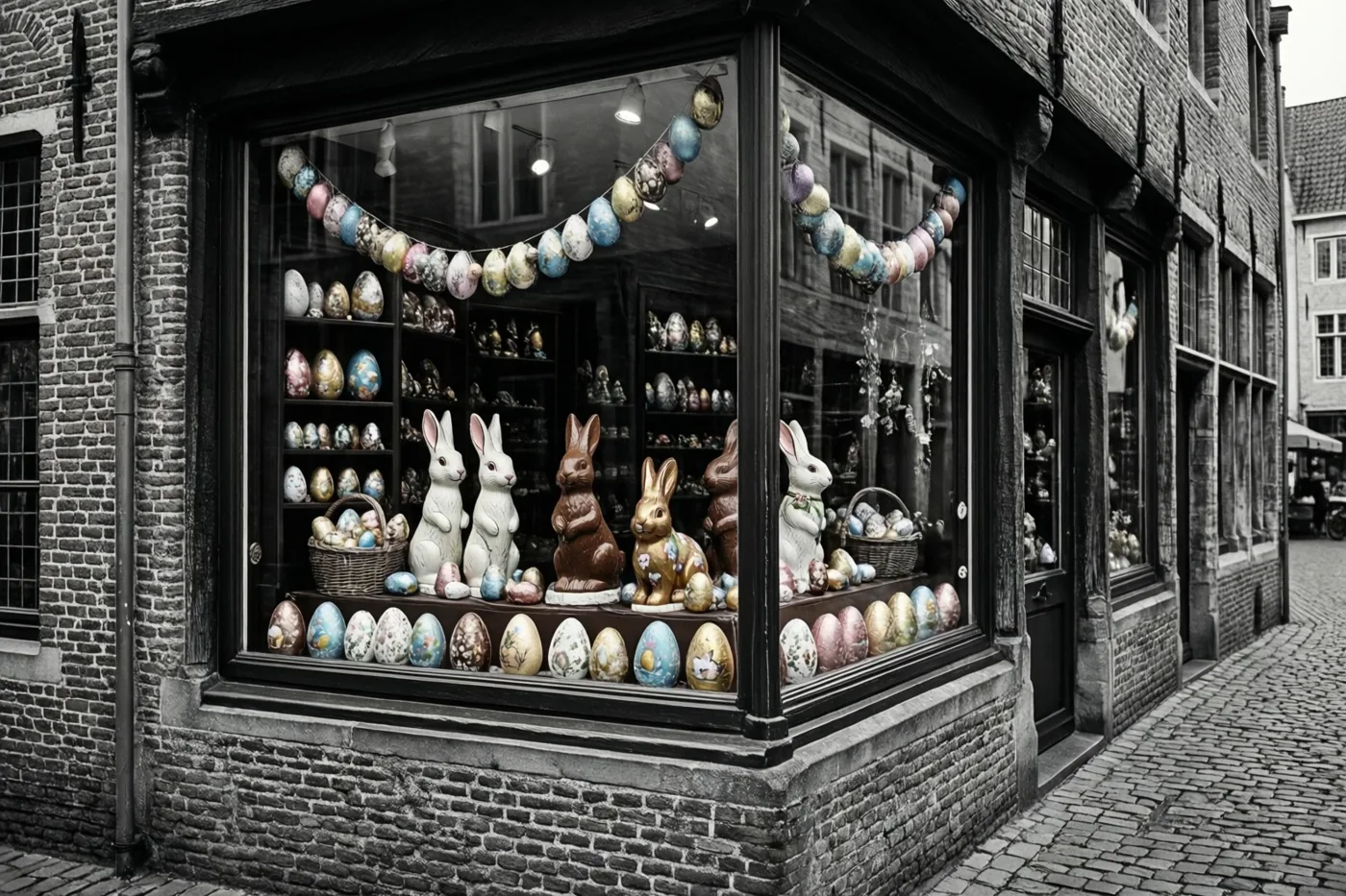 Een hoeketalage in een oud bakstenen gebouw aan een kasseistraat toont paaseieren en chocoladehazen in kleur tegen een zwart-witte omgeving.