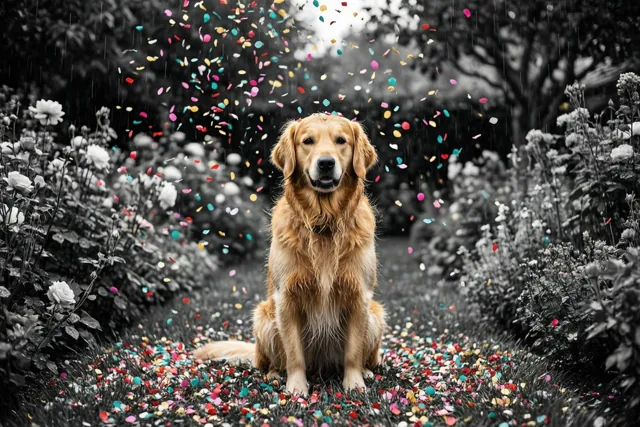 Een golden retriever zit in een tuin onder vallende confetti, waarbij de hond en de snippers warm gekleurd zijn tegen een zwart-witte achtergrond.