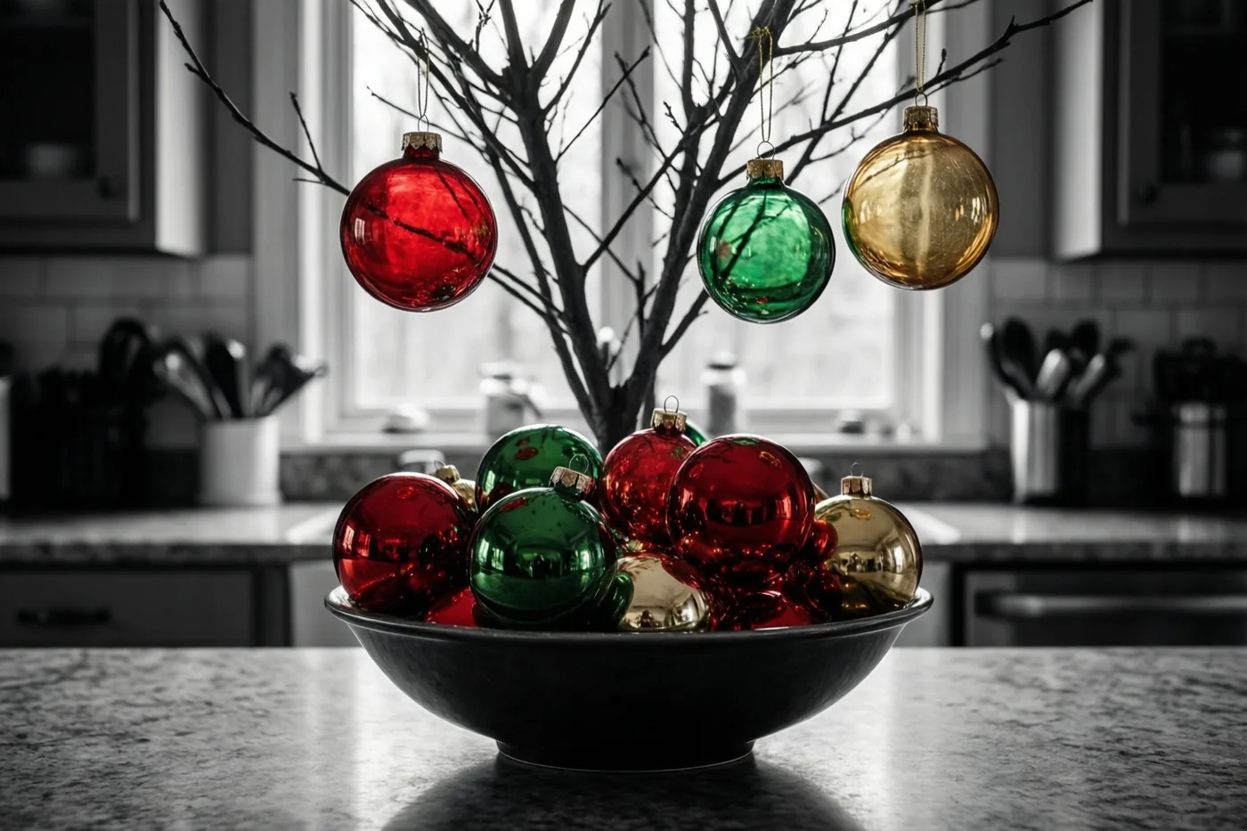 Een zwarte schaal met rode, groene en gouden glazen kerstballen staat op een keukenwerkblad voor kale takken met drie hangende ornamenten, in een verder zwart-witbeeld.