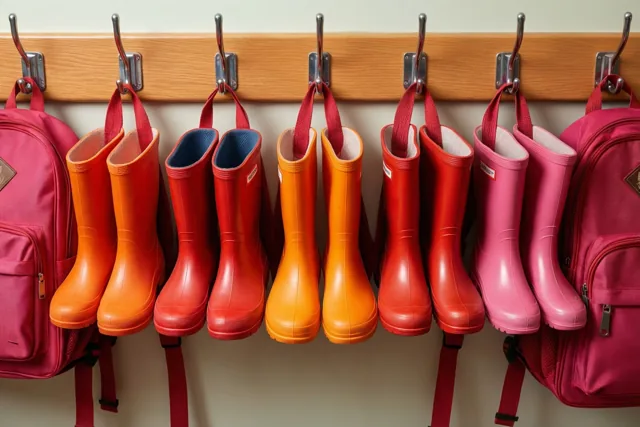 Een rij gekleurde kinderrubberlaarzen hangt samen met boekentassen aan kapstokhaken in een klas, met vooral rode, oranje en roze tinten.