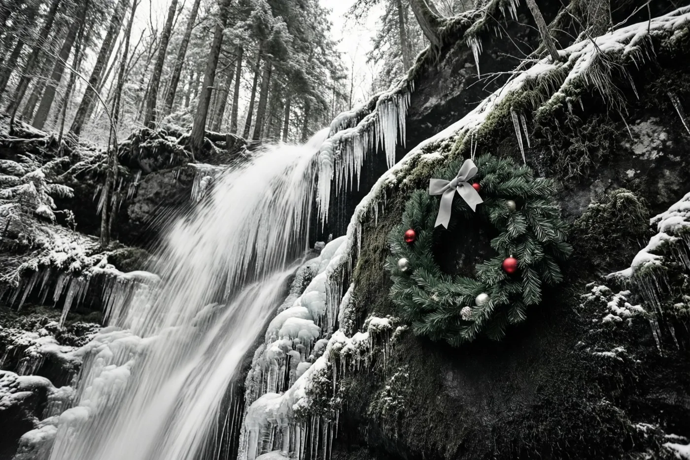 Een kerstkrans met rode versieringen en een zilveren strik hangt aan een bemoste rots met sneeuw naast een bevroren waterval, in een zwart-witbeeld met kleur op de krans.