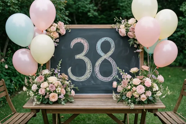 Een krijtbord met 38 in gekleurd krijt staat op een houten tuintafel tussen bloemstukken en pastelballonnen, met groen op de achtergrond.