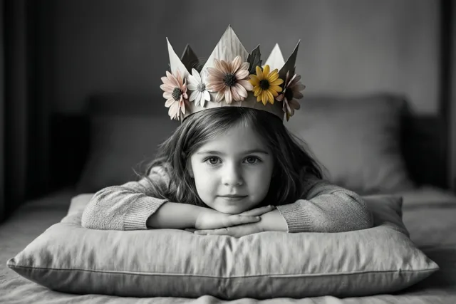 Een meisje met een papieren bloemenkroon kijkt naar de camera met haar kin op haar handen boven een kussen, in zwart-wit met kleur op de kroon.