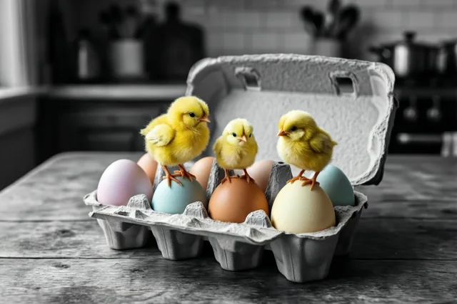 Drie gele minikuikentjes zitten op pastelkleurige eieren in een open kartonnen eierdoos op een houten keukentafel, waarbij kuikentjes en eieren gekleurd zijn tegen een zwart-witte achtergrond.