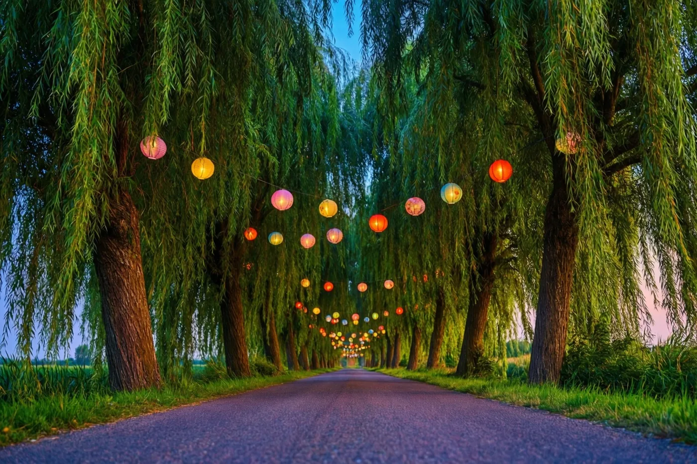 Een verharde weg slingert bij schemering tussen knotwilgen, met gekleurde papieren lampionnen erboven in warm goudkleurig licht.