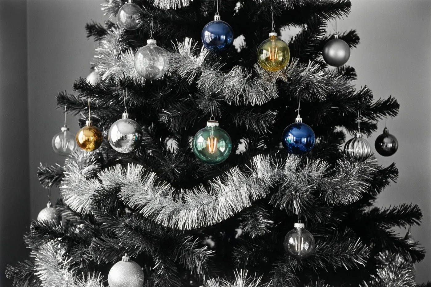 Een kerstboom met zilveren glitterslingers, glazen kerstballen en grote gekleurde lampjes is van dichtbij te zien tegen een monochrome achtergrond.