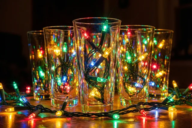 Een rij heldere drinkglazen met verstrengelde, kleurrijke lichtsnoertjes staat op een houten oppervlak met rode, groene en gele weerspiegelingen.