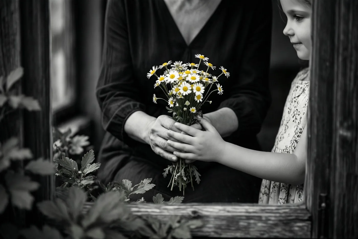Een moeder en kind houden samen een klein bosje madeliefjes vast binnen een houten raam- of deuromlijsting, in zwart-wit met alleen de bloemen in kleur.