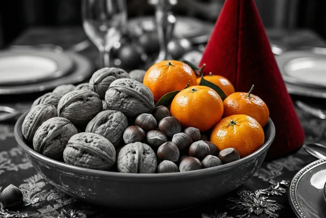 Een kom met walnoten, hazelnoten en mandarijnen staat naast een rode mijter op een feesttafel, waarbij het fruit en de mijter kleur hebben tegen een zwart-witte achtergrond.