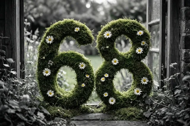 Een groen mosframe in de vorm van 68 met witte madeliefjes staat in een landelijke tuin met een houten raamkozijn, waarbij mos en bloemen in kleur afsteken tegen een monochrome achtergrond.