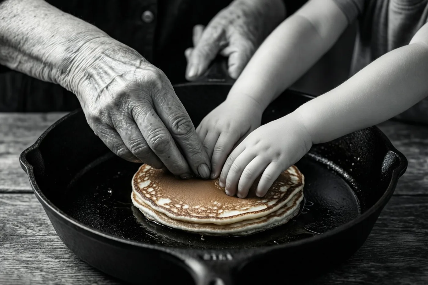 Oudere handen en kinderhanden keren een stapel pannenkoeken in een zwarte gietijzeren pan op een houten oppervlak, in een zwart-witbeeld met pannenkoeken in hun natuurlijke kleur.