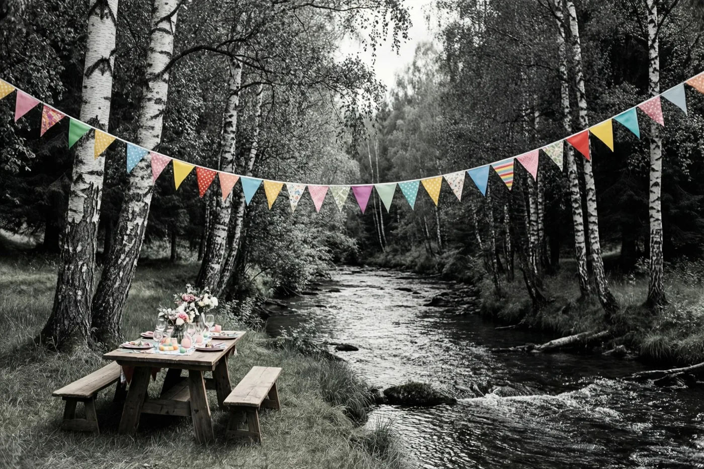 Een houten picknicktafel op de grasoever van een beek en kleurrijke vlaggetjes tussen berken steken af tegen een bosachtergrond in zwart-wit.